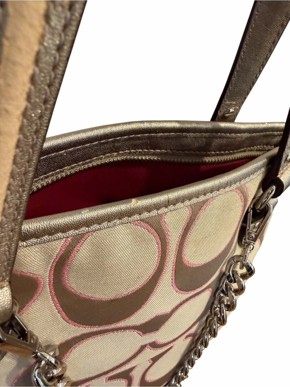 Coach Pink Metallic Outline Signature Mia Tote Daisy + Strap & Chains - Picture 9 of 10